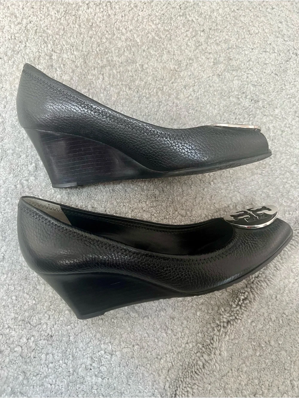 Tory Burch Sally Wedge Pumps in Black Tumbled / Pebbled Leather- 8M